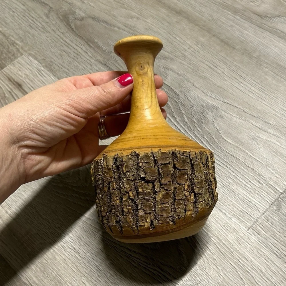 Hand Made Rustic Turned Wood Vase with Natural Bark 7